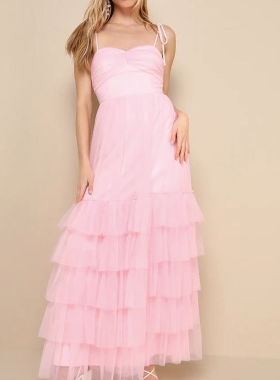 Lulus Endlessly Darling Pink Mesh Tiered Tie-Strap Maxi Dress Size L